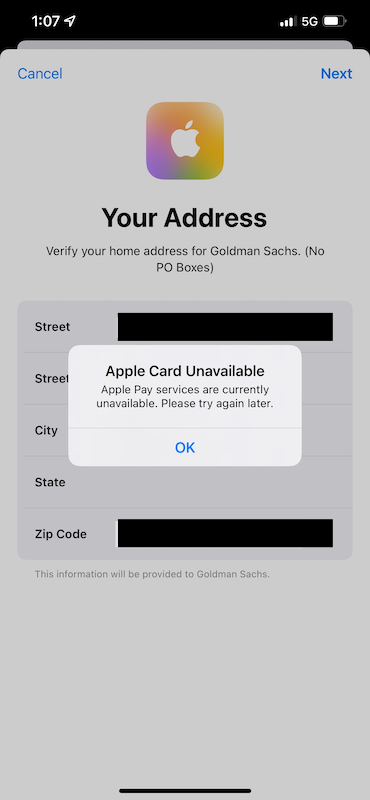 A popup saying Apple Card Unavailable
